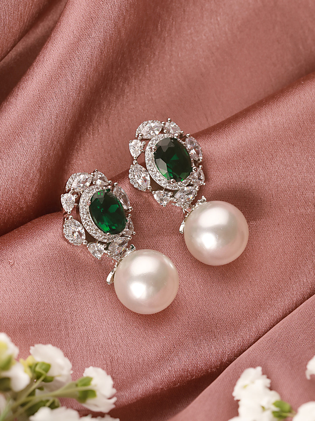 Silver Plated Emerald Green AD Studded Pearl Beaded  Luxe Studds  Earring